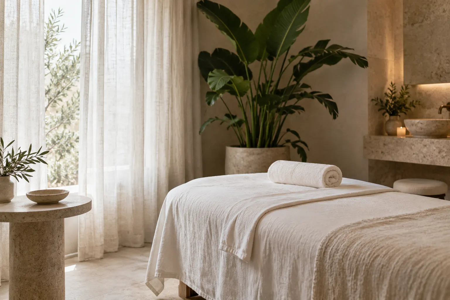 Cabina de tratamiento con una camilla con sábanas blancas, una planta grande y cortinas de lino